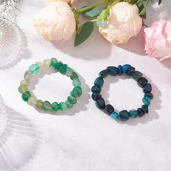 2Pcs Natural Agate Nuggets Beaded Stretch Bracelets for Men Women