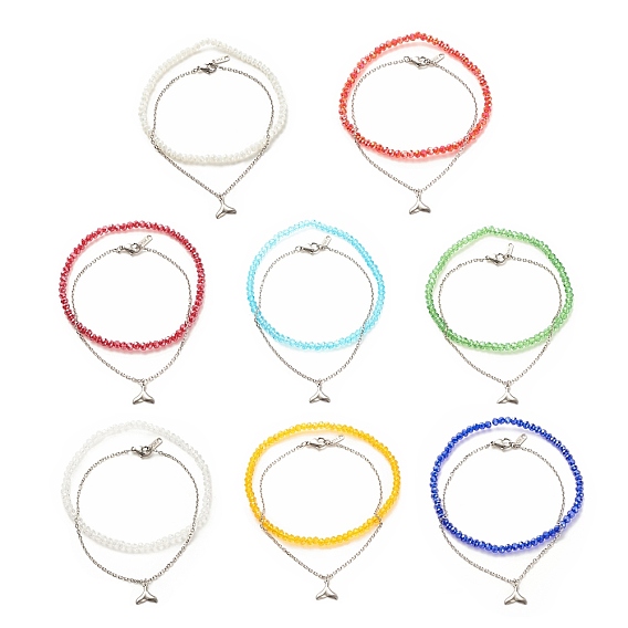 2шт 2 стиль 304 браслет из нержавеющей стали с подвесками из хвоста кита, ножные браслеты из стеклянных бусин для женщин, разноцветные