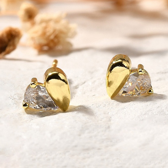 Серьги-гвоздики из латуни с микро-паве и прозрачным фианитом в форме сердца, без кадмия и без свинца, долговечный