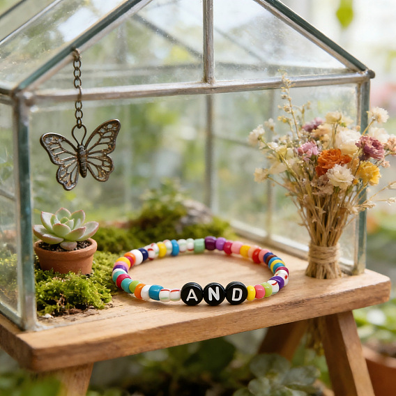 Bracelets extensibles en perles acryliques et de verre arc-en-ciel, Bracelets à breloques avec des mots pour femmes