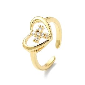 Rack Plating Brass Micro Pave Cubic Zirconia Open Cuff Rings, Cadmium Free & Lead Free, Long-Lasting Plated, Heart