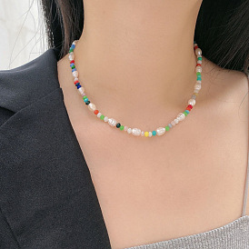 Colorful Beaded Necklace for Women, Sweet and Cool Pearl Collarbone Chain with Lock, Unique European American Jewelry