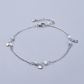 304 Stainless Steel Charm Anklets, with Synthetic Turquoise Beads and Glass Pearl, Heart