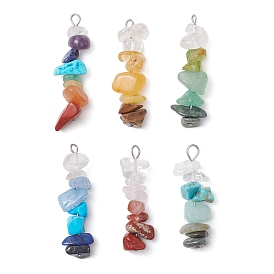 6Pcs Mixed Gemstone Chip Beaded Pendants Set, with 304 Stainless Steel Loops