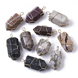 Natural Mixed Gemstone Pendants, with Golden Plated Brass Wire Wrapped, Hexagonal Prisms