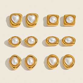 Boucles d'oreilles puces en acier inoxydable avec perles pour femmes, or
