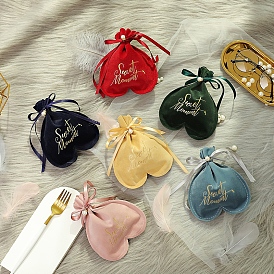 Heart Shaped Velvet Candy Drawstring Bags, Gold Stamping Word Sweet Moment Pouches for Wedding Party