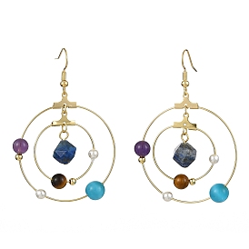 Boucles d'oreilles pendantes planète en acier inoxydable dorées, Boucles d'oreilles à thème chakra en perles et pierres précieuses naturelles mélangées