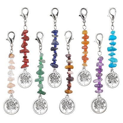 8Pcs Tree of Life Tibetan Style Alloy Pendant Decorations, with Natural & Synthetic Gemstone Chip Beads and Lobster Claw Clasps