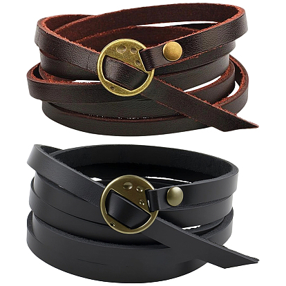 2Pcs 2 Colors Dual-use Items, Leather Cord Bracelets/Chain Belts, with Alloy Findings, Flat Round, Antique Bronze
