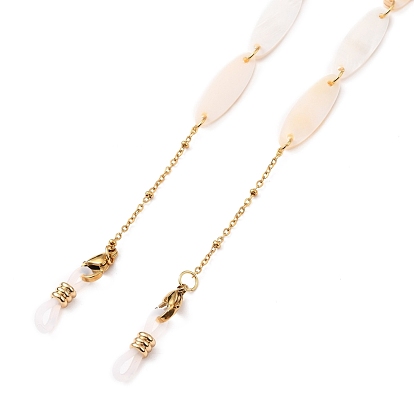 Cadenas de anteojos, correa para el cuello para anteojos, con eslabones ovalados de concha natural, 304 cadenas satélite de acero inoxidable con baño de oro y soportes de goma para anteojos