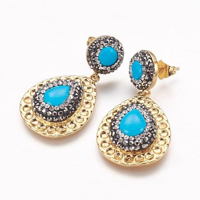 Real 18K Gold Plated Brass Stud Earrings, with Ear Nuts, Synthetic Turquoise and Rhinestone, Drop