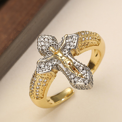 Распятие крест латунь микропаве прозрачный кубический цирконий регулируемые манжеты кольца