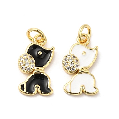 Real 16K Gold Plated Brass Micro Pave Clear Cubic Zirconia Pendants, with Enamel and Jump Ring, Dog Charms