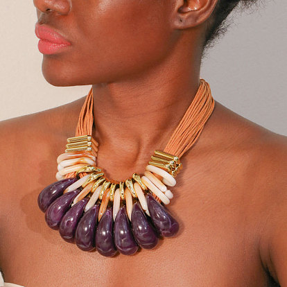 Каплевидные нагрудные ожерелья из алюминия, CCB и акрила, многорядные ожерелья из вощеного шнура, золотые