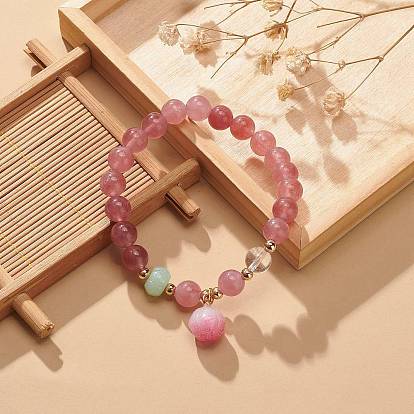 Natural Strawberry Quartz & Quartz Crystal Round Beaded Stretch Bracelet, Gemstone Bracelet with Glass Flower Charms for Women