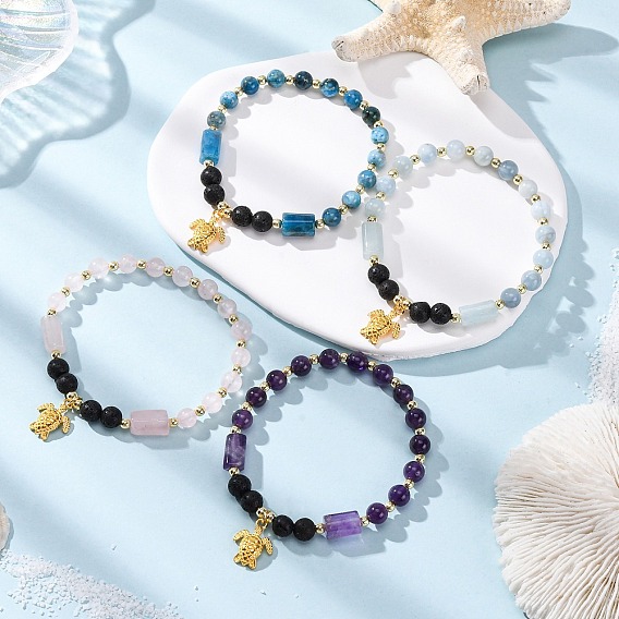 4шт. браслеты с подвесками из натурального апатита, аметиста, аквамарина, розового кварца и лавового камня, браслеты с подвесками в виде черепахи из сплава, золотые