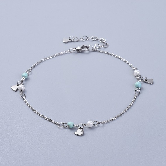 304 Stainless Steel Charm Anklets, with Synthetic Turquoise Beads and Glass Pearl, Heart