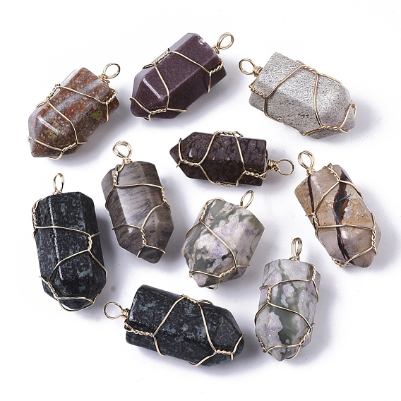 Natural Mixed Gemstone Pendants, with Golden Plated Brass Wire Wrapped, Hexagonal Prisms