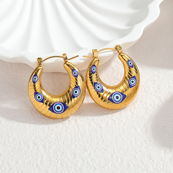 304 Stainless Steel Enamel Hoop Earrings, U Shape with Evil Eye Pattern, Golden