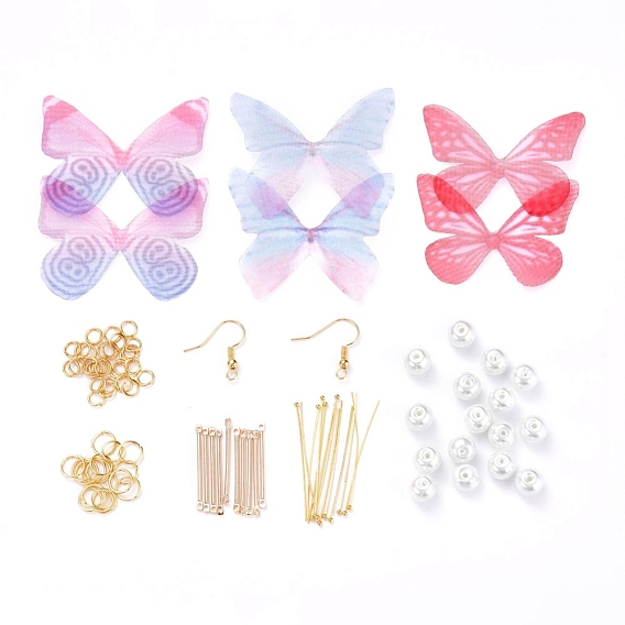 DIY Dangle Earring Making, with Brass Earring Hooks & Ball Head Pins, Organza Fabric, Iron Bar Links &  Jump Rings, Glass Pearl Beads, Butterfly