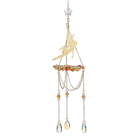 Brass Fairy Pendant Decoration, Glass Teardrop Tassel for Garden Outdoor Hanging Ornaments