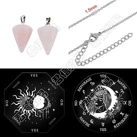 DIY Pendelbrett Wünschelrute Wahrsagung Bausatz, einschließlich Kegelanhänger aus natürlichem Rosenquarz, 304 Edelstahl Kabelkette Halsketten, Pendelbrett aus Acryl