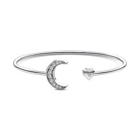 Moon Rhodium Plated 925 Sterling Silver Micro Pave Cubic Zirconia Cuff Bangles for Women