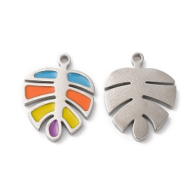 316L Surgical Stainless Steel Charms, with Enamel, Monstera Leaf Charm