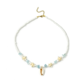 Natural Shell Pendant Necklace, with Natural Aquamarine Chips & Starfish Beaded Chains