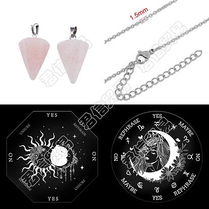 DIY Pendelbrett Wünschelrute Wahrsagung Bausatz, einschließlich Kegelanhänger aus natürlichem Rosenquarz, 304 Edelstahl Kabelkette Halsketten, Pendelbrett aus Acryl