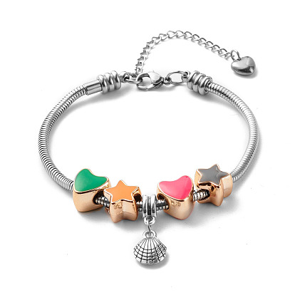304 Stainless Steel European Round Snake Chains Bracelets for Women, Enamel Acrylic European Beads Bracelets
