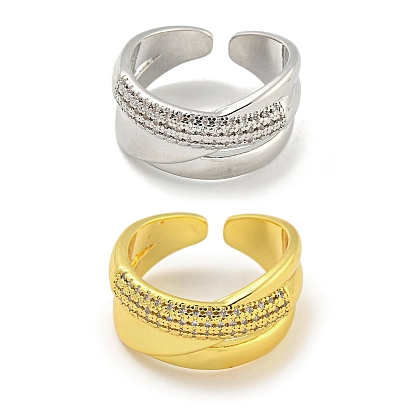 Rack Plating Brass Micro Pave Cubic Zirconia Open Cuff Rings, Criss Cross Rings for Women, Long-Lasting Plated, Cadmium Free & Lead Free