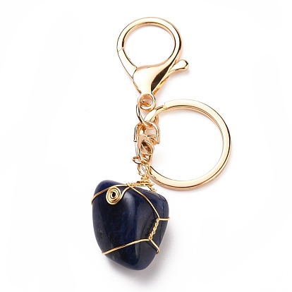 Wire Wrapped Natural Gemstone Keychain, with Golden Plated Alloy Swivel  Clasps and Iron Split Key Rings, Nuggets