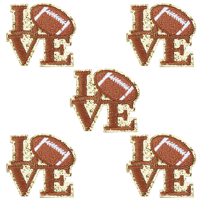 5Pcs Sports Polyester Glitter Powder Embroidery Sew On Patches, Cloth Appliques, Love with Rugby