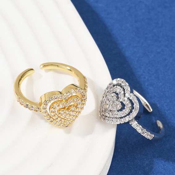 Манжеты из латуни с микро паве кубический цирконий для женщин, сердце, стойки покрытие, долговечный, без свинца и без кадмия