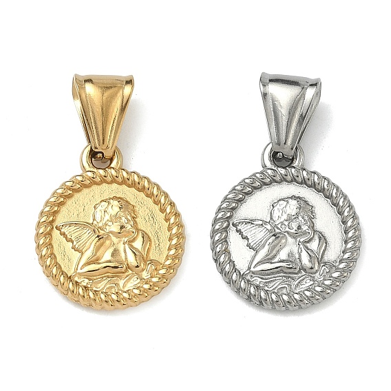 304 подвески из нержавеющей стали, Плоская круглая подвеска с медальоном в виде херувима.