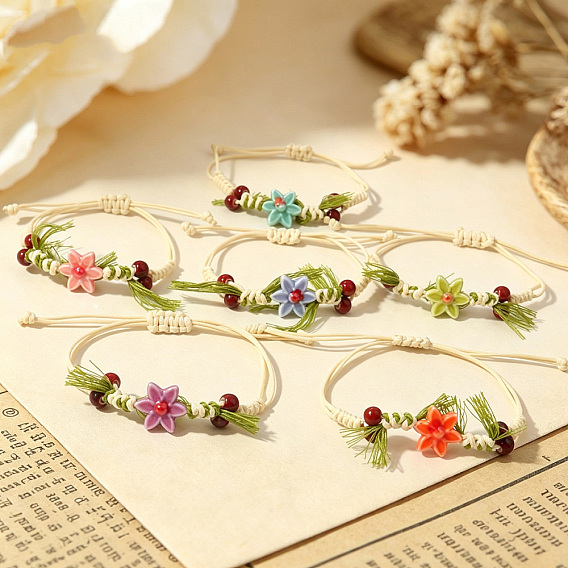 Adjustable Handmade Porcelain Flower Polyester Cord Braided Bead Bracelets for Women