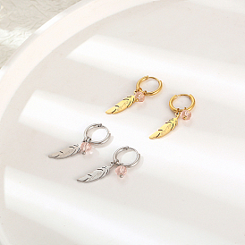 304 Stainless Steel Dangle Hoop Earrings, Feather with Word