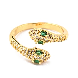 Brass Micro Pave Cubic Zirconia Cuff Rings, Long-Lasting Plated, Snake