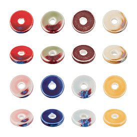 Nbeads 32Pcs 8 Style Handmade Porcelain Beads, Fancy Antique Glazed Porcelain & Bright Glazed Porcelain, Flat Round/Disc