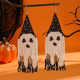 Ghost Pattern Glass Bead Tassel Earrings for Women, Halloween Style