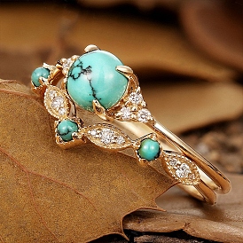 Synthetic Turquoise Finger Rings, Golden Alloy Rhinestone Ring