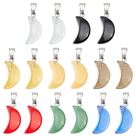 SUPERFINDINGS 48Pcs 8 Colors Transparent & Imitation Jade Spray Painted Glass Pendants, with Platinum Plated Brass Bails, Crescent Moon