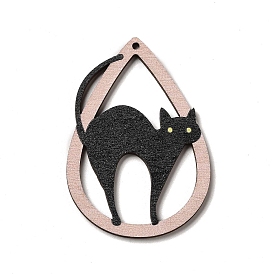Printed Wooden Big Pendants, Teardorp Charms with Cat, for DIY Jewelry Decorated Making