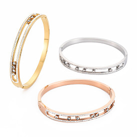 Brazalete hueco ovalado de diamantes de imitación de cristal, brazalete con bisagras de acero inoxidable con arcilla polimérica para mujer, revestimiento de iones (ip)