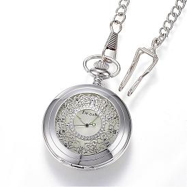 Carved Alloy Flat Round Pendant Necklace Quartz Pocket Watches, with Iron Chains