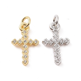 Brass Micro Pave Cubic Zirconia Charms, with Jump Ring, Rhombus Cross Charm