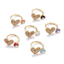 Brass Micro Pave Clear Cubic Zirconia Cuff Rings, Open Rings, with Enamel, Heart