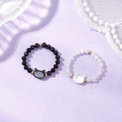Кольца с бусинами из натурального радужного лунного камня и натурального черного турмалина, с натуральными бусинами из ракушек белого цвета и натурального черного цвета, латунными бусинами и эластичной хрустальной нитью